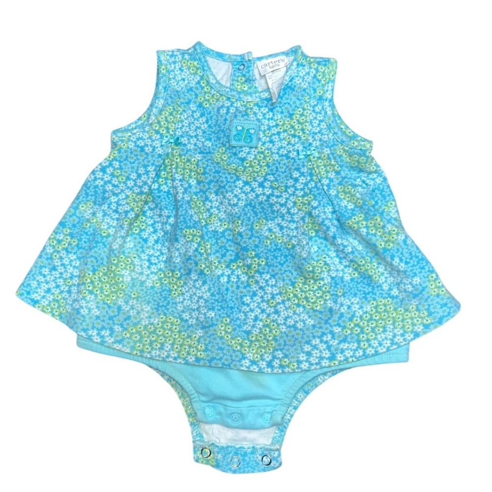 Y2K Carters Kids Blue Floral Dress Bodysuit Butterfly 12-18M Sleeveless Cotton
